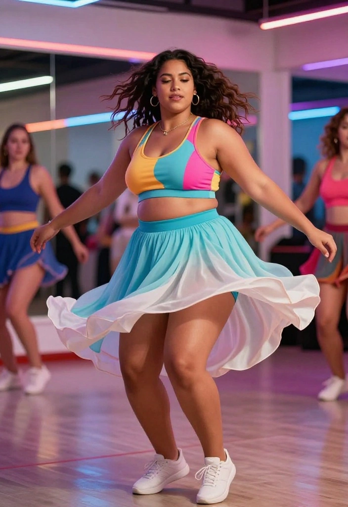 19 Cute Workout Outfits for Every Body Type That Flatter and Perform - 7. Colorful Sports Bra and High-Low Skirt 1