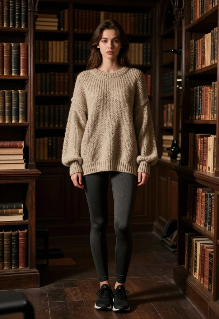 19 Dark Academia Workout Outfit Aesthetic Ideas for the Gym - 1. Charcoal Compression Leggings & Vintage Sweater 1