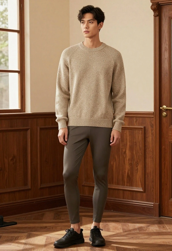 19 Dark Academia Workout Outfit Aesthetic Ideas for the Gym - 16. Classic Crewneck Sweater & Mid-Length Leggings 1