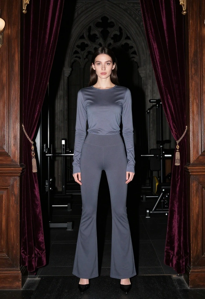 19 Dark Academia Workout Outfit Aesthetic Ideas for the Gym - 2. Layered Long Sleeve Tee & Flared Trousers 1