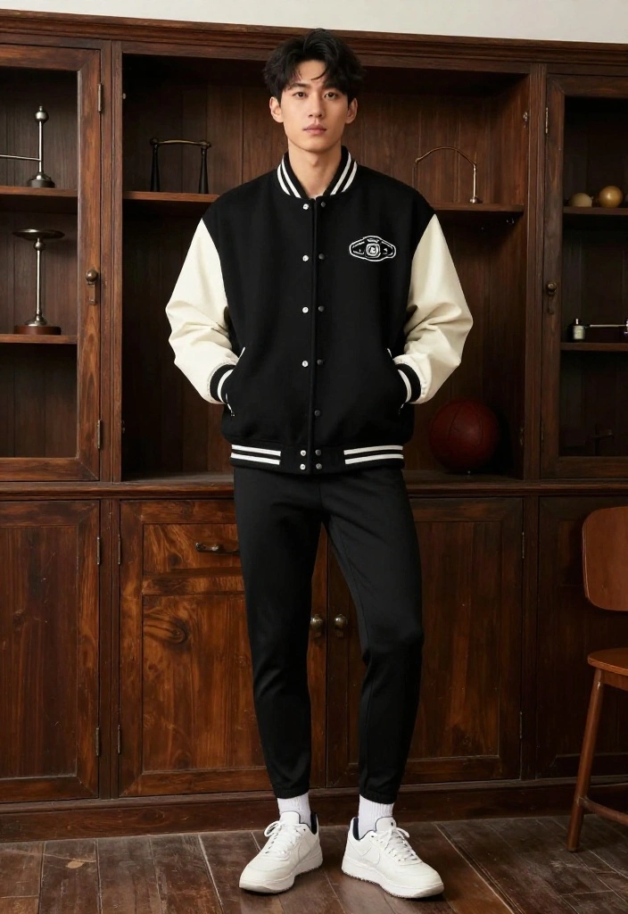 19 Dark Academia Workout Outfit Aesthetic Ideas for the Gym - 4. Classic Varsity Jacket & Black Leggings 1