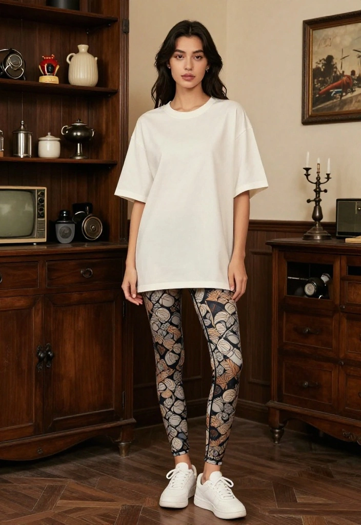 19 Dark Academia Workout Outfit Aesthetic Ideas for the Gym - 5. Brocade Print Leggings & Oversized Tee 1
