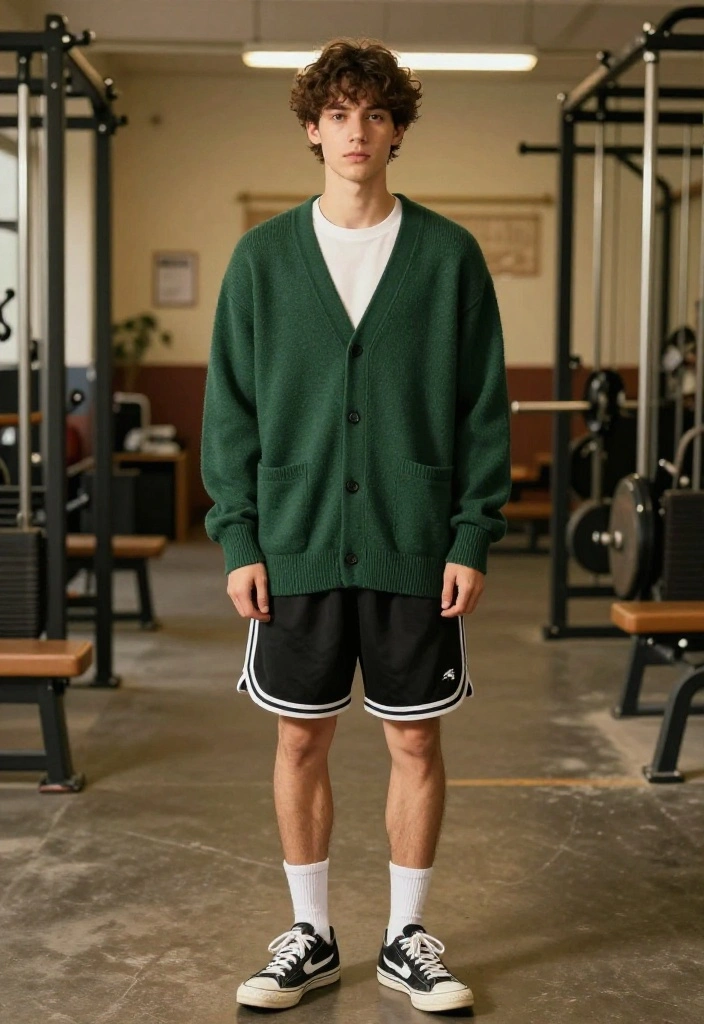 19 Dark Academia Workout Outfit Aesthetic Ideas for the Gym - 9. Dark Green Cardigan & Black Sports Shorts 1