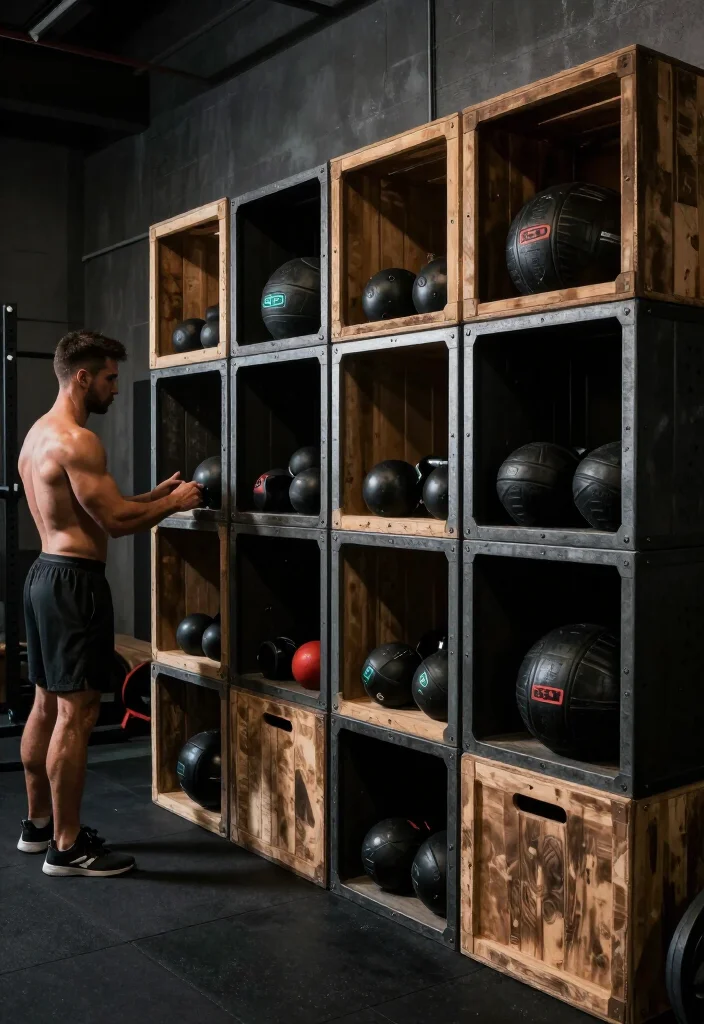 19 Dark Gym Aesthetic Ideas for a Moody, Intense, and High-Performance Training Vibe - 10. Rugged Gear Storage 1