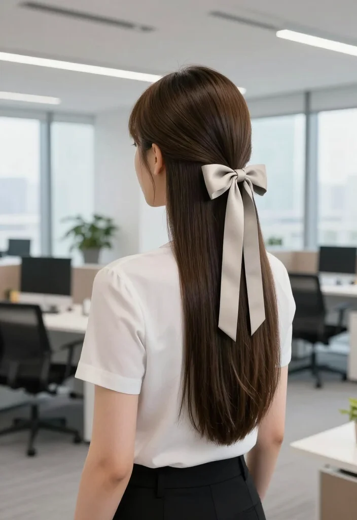 19 Easy Everyday Hairstyles with Ribbon Accessories You'll Love - 14. Sleek Straight Hair with a Ribbon Bow 1
