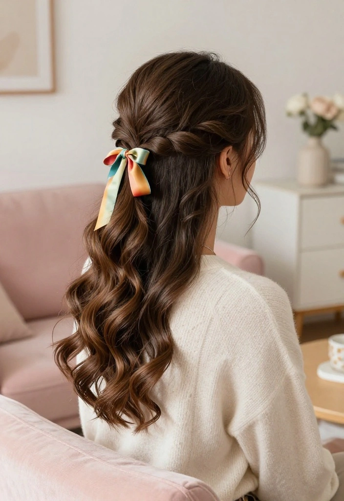 19 Easy Everyday Hairstyles with Ribbon Accessories You'll Love - 4. Half-Up Ribbon Twist 1