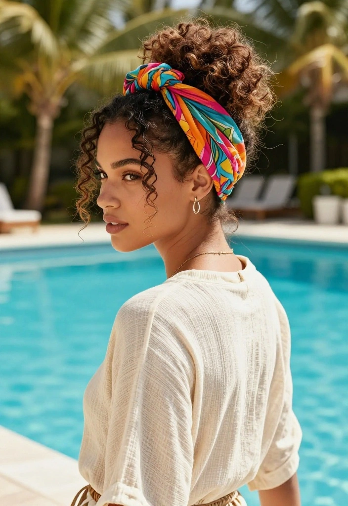 19 Easy Hairstyles to Go Swimming in the Pool This Weekend - 3. Messy Bun with Hair Wrap 1