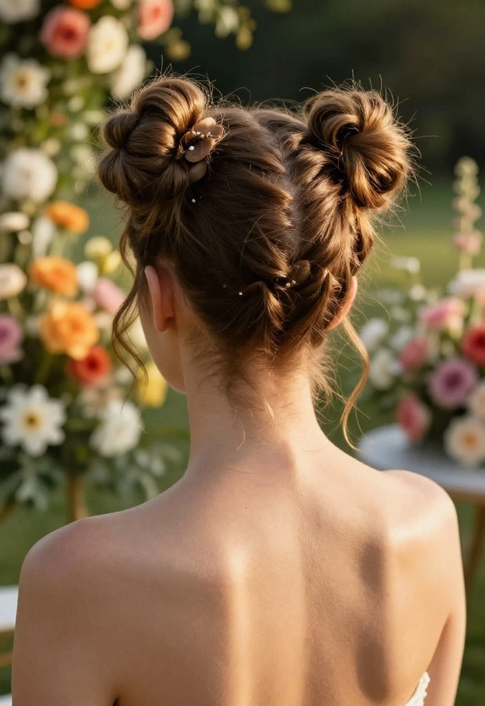 19 Elegant Summer Updo Hairstyles for Warm Weather Weddings - 18. Chic Double Buns 1