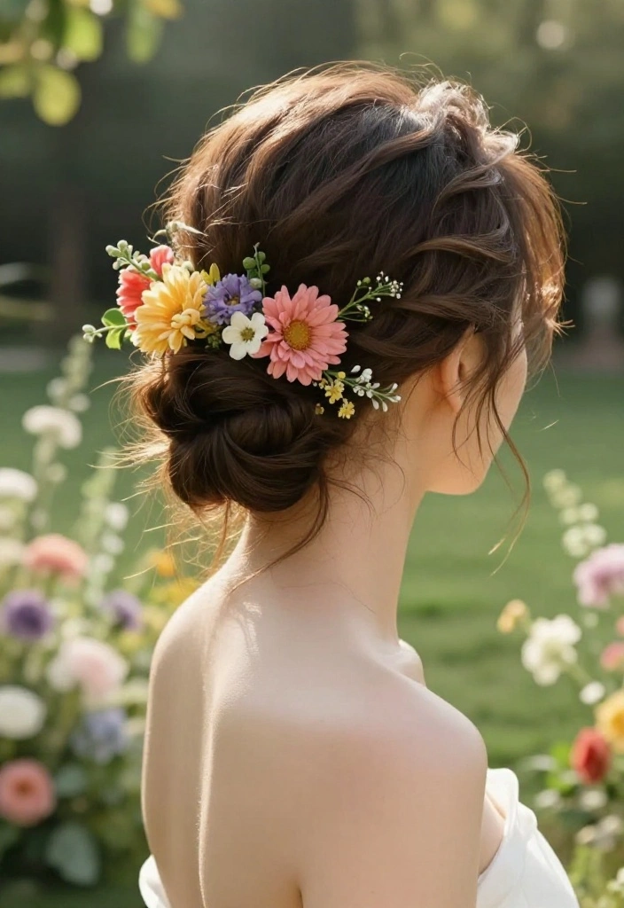 19 Elegant Summer Updo Hairstyles for Warm Weather Weddings - 5. Low Bun with Flowers 1