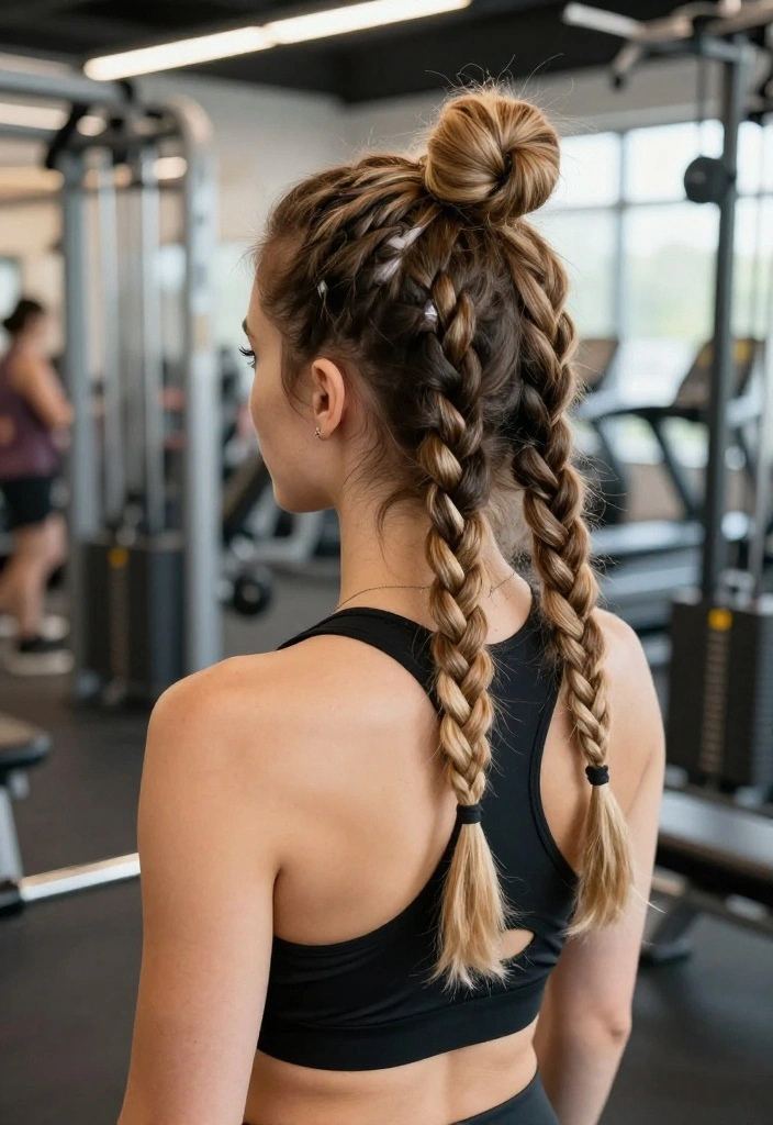 19 Gym Hairstyles for Short Hair That Look Polished and Keep You Focused - 8. Half-Up Top Knot with Braids 1