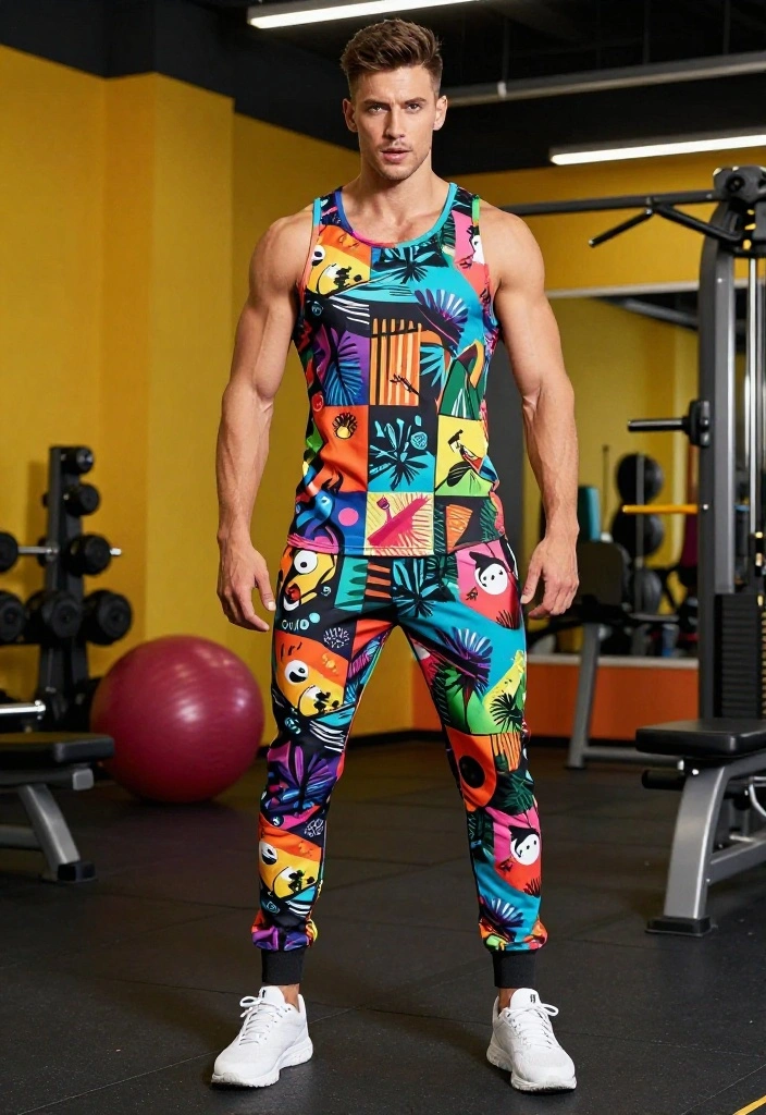 19 Men's Gym Outfit Ideas by Training Type: Powerlifting, Cardio, CrossFit, and Yoga - 10. Printed Perfection: Make a Statement 1