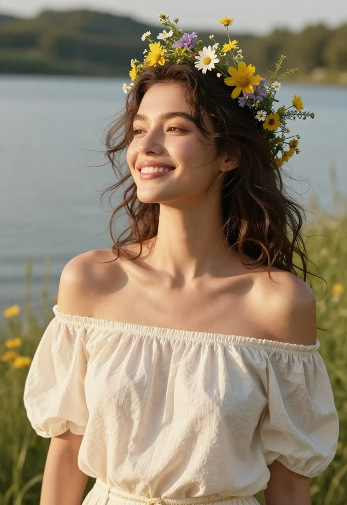 19 Messy Lake Hairstyles That Look Effortlessly Cute Outdoors - 2. Messy Bun with a Floral Crown 1