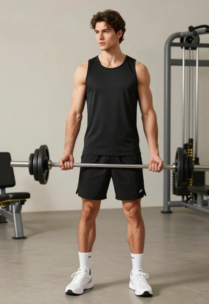 19 Monochrome Gym Outfit Ideas for Men Who Want a Clean and Effortless Look - 1. Classic Black Tank and Shorts 1