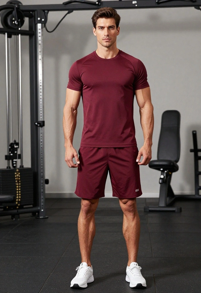 19 Monochrome Gym Outfit Ideas for Men Who Want a Clean and Effortless Look - 10. Burgundy Muscle Shirt and Shorts 1