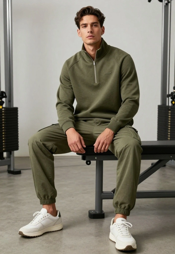 19 Monochrome Gym Outfit Ideas for Men Who Want a Clean and Effortless Look - 11. Olive Green Zip-Up and Cargo Pants 1