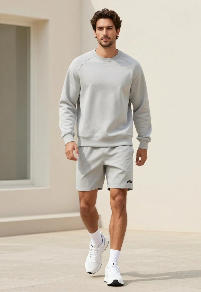19 Monochrome Gym Outfit Ideas for Men Who Want a Clean and Effortless Look - 13. Light Gray Sweatshirt and Running Shorts 1