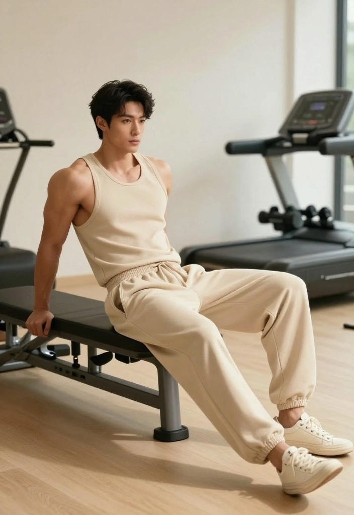 19 Monochrome Gym Outfit Ideas for Men Who Want a Clean and Effortless Look - 15. Beige Muscle Tank and Sweatpants 1