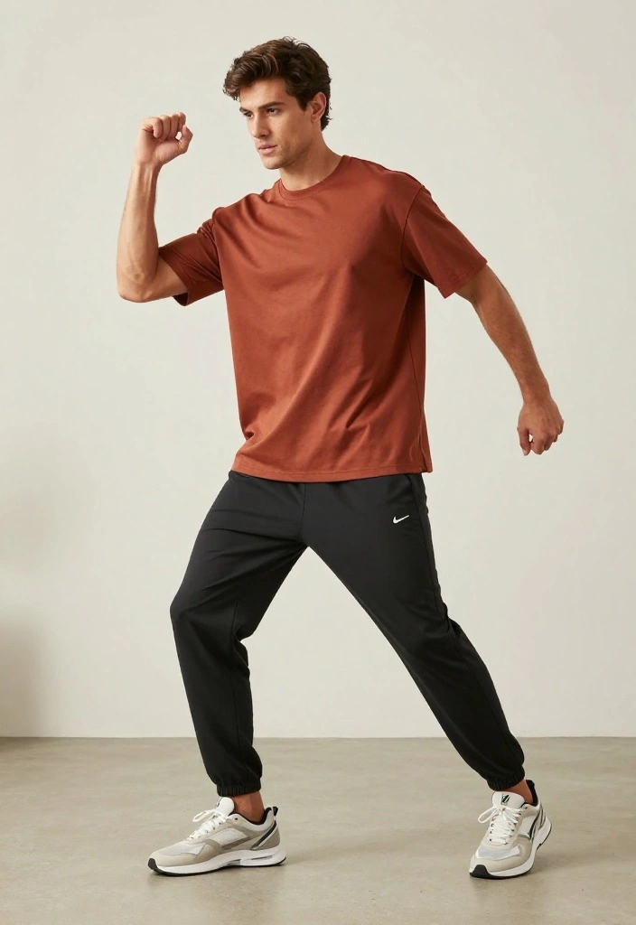 19 Monochrome Gym Outfit Ideas for Men Who Want a Clean and Effortless Look - 16. Rust Oversized Tee and Joggers 1