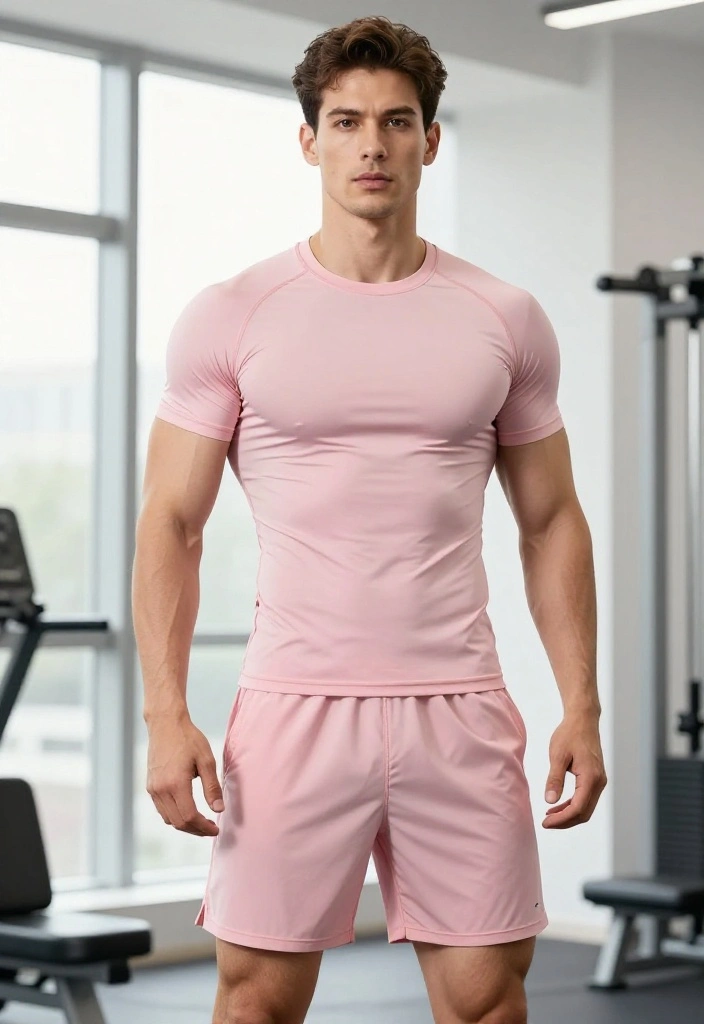 19 Monochrome Gym Outfit Ideas for Men Who Want a Clean and Effortless Look - 17. Soft Pink Compression Shirt and Shorts 1