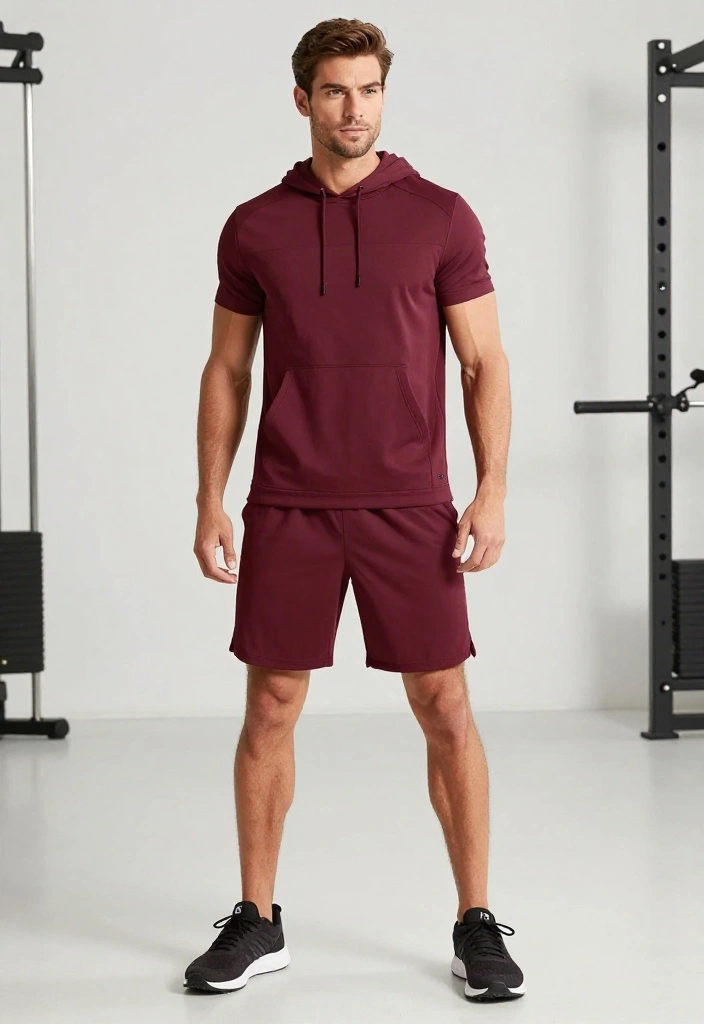 19 Monochrome Gym Outfit Ideas for Men Who Want a Clean and Effortless Look - 18. Maroon Hoodie and Shorts 1