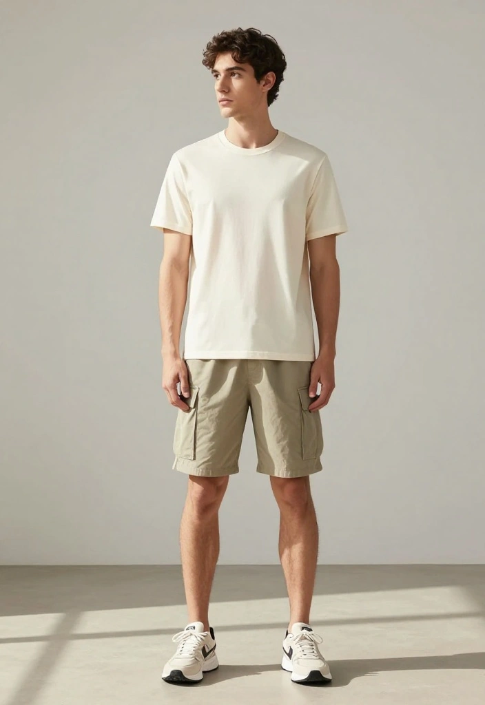 19 Monochrome Gym Outfit Ideas for Men Who Want a Clean and Effortless Look - 19. Cream T-Shirt and Cargo Shorts 1