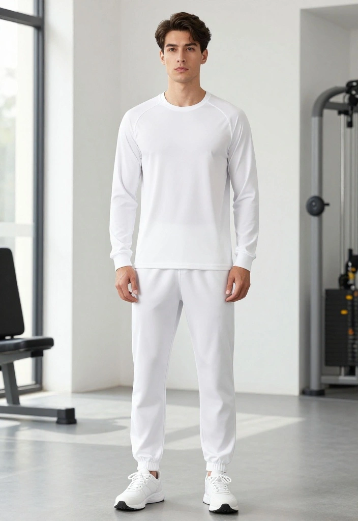 19 Monochrome Gym Outfit Ideas for Men Who Want a Clean and Effortless Look - 3. White Crew Neck and Track Pants 1