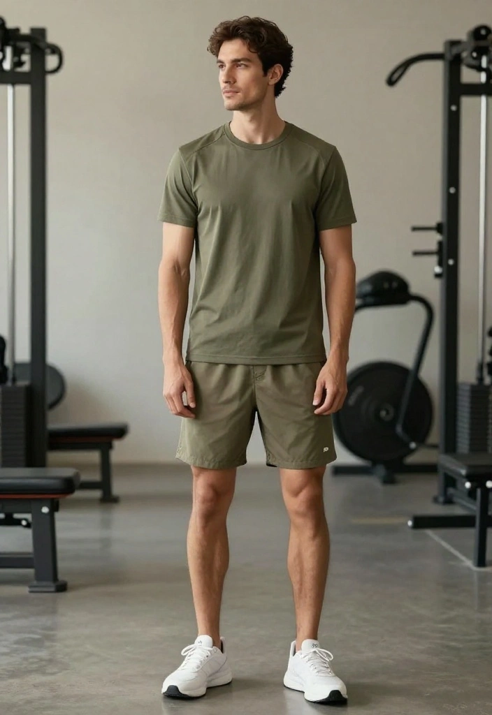 19 Monochrome Gym Outfit Ideas for Men Who Want a Clean and Effortless Look - 4. Olive Green T-Shirt and Shorts 1