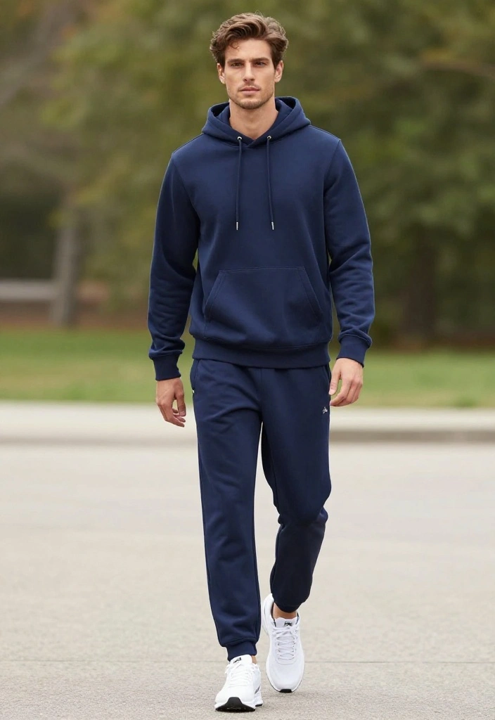 19 Monochrome Gym Outfit Ideas for Men Who Want a Clean and Effortless Look - 5. Navy Blue Hoodie and Sweatpants 1