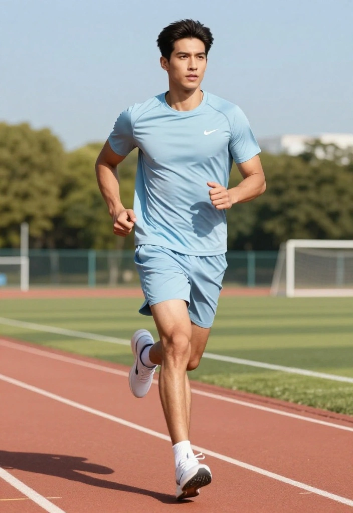 19 Monochrome Gym Outfit Ideas for Men Who Want a Clean and Effortless Look - 7. Light Blue Workout Tee and Shorts 1