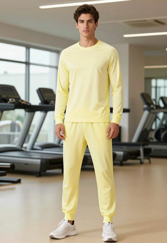 19 Monochrome Gym Outfit Ideas for Men Who Want a Clean and Effortless Look - 8. Pale Yellow Long Sleeve and Joggers 1
