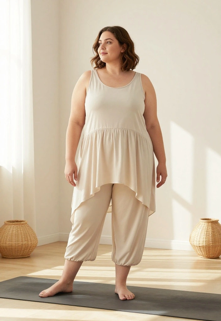 19 Plus Size Workout Outfit Ideas for Every Exercise Type: Running, Lifting, Yoga, and More - 19. Flowy Tunic and Capris for Stretch Classes 1
