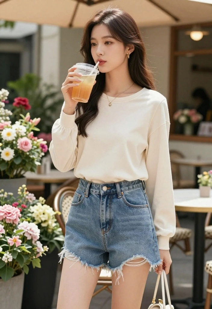 19 Soft Girl Workout Outfit Aesthetic Ideas for Women Who Love Feminine Gym Looks - 17. Chic Long Sleeve Top & Cut-off Shorts 1