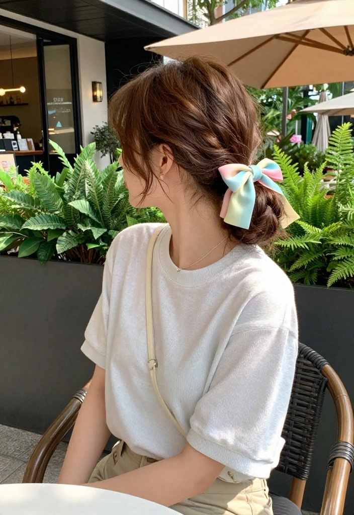 19 Trendy Hairstyles with Ribbon Tailored for Short Hair - 1. Effortless Bow Bun 1