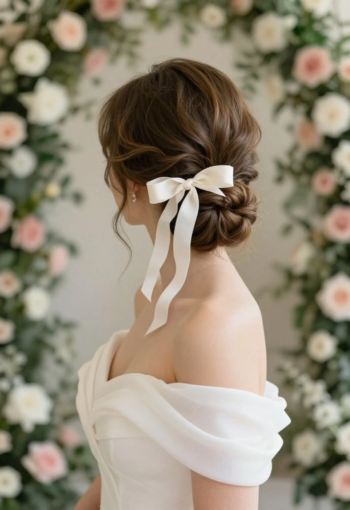 19 Trendy Hairstyles with Ribbon Tailored for Short Hair - 14. Soft Romantic Chignon with Ribbon 1