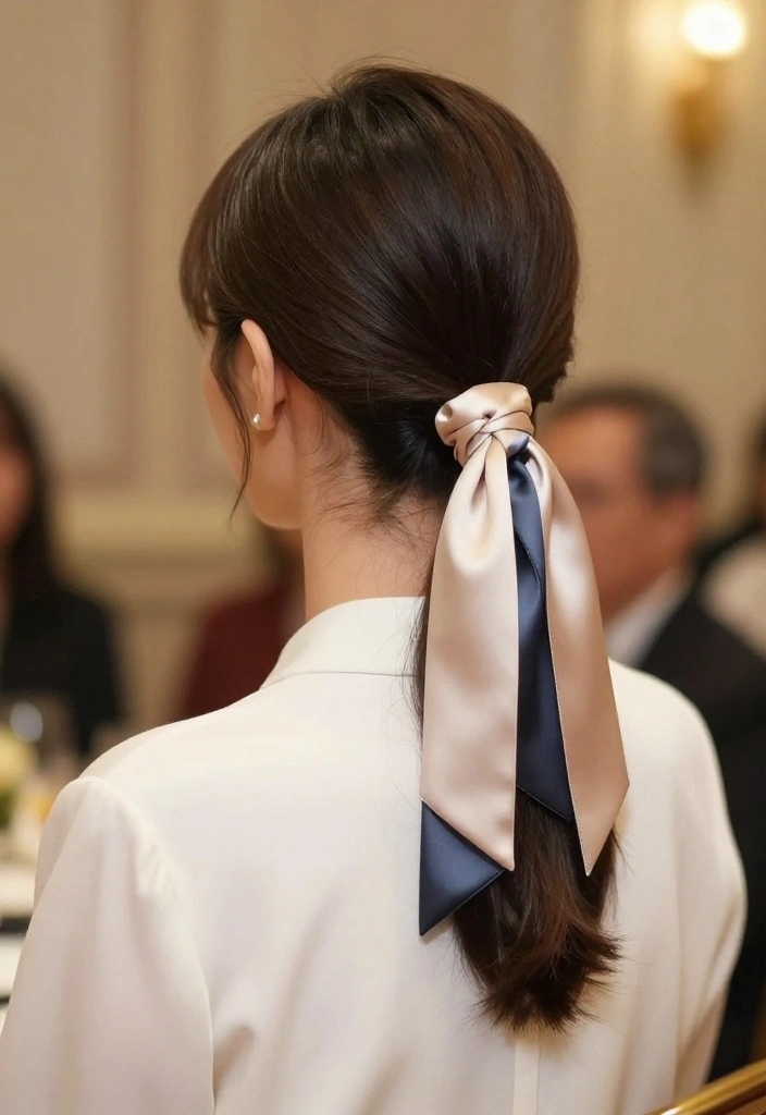 19 Trendy Hairstyles with Ribbon Tailored for Short Hair - 5. Sleek Low Ribbon Ponytail 1