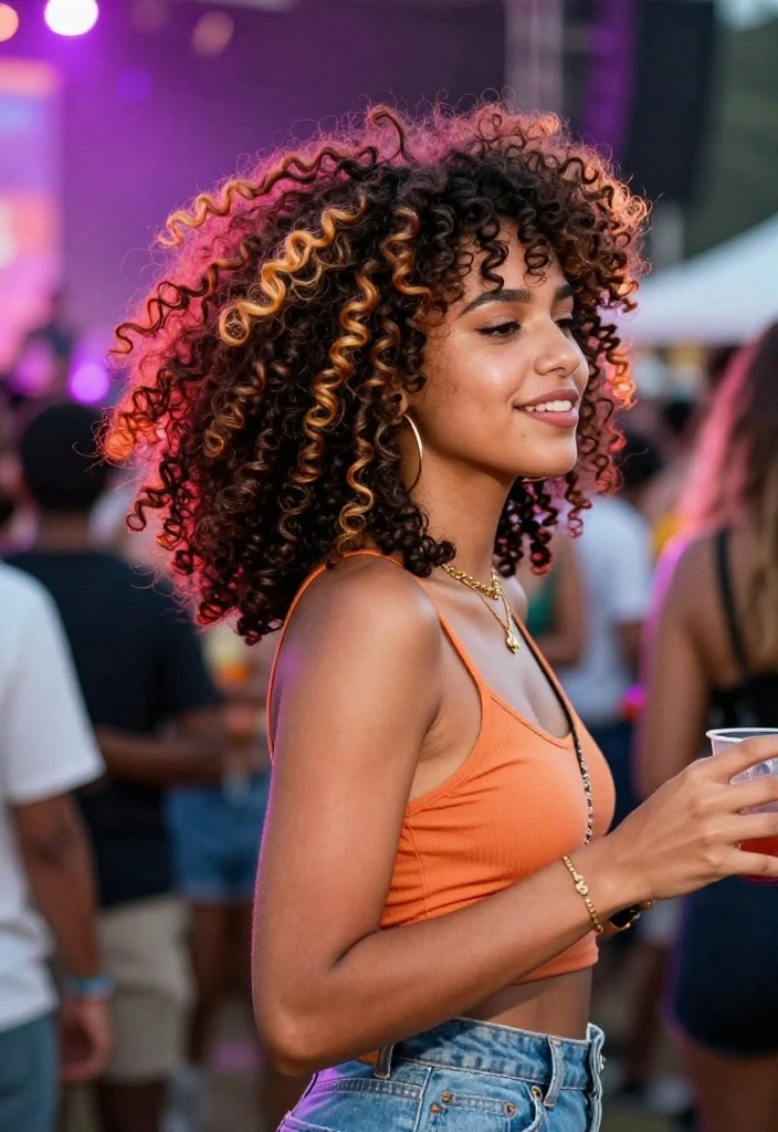19 Trendy Hot Weather Hairstyles You Can Wear to Summer Concerts - 13. Curly Hair with Highlights 1