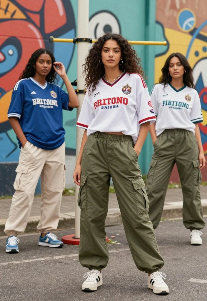 20 Baggy Gym Outfit Ideas That Still Look Intentional and Put-Together - 8. Vintage Sports Jersey with Baggy Cargo Pants 1