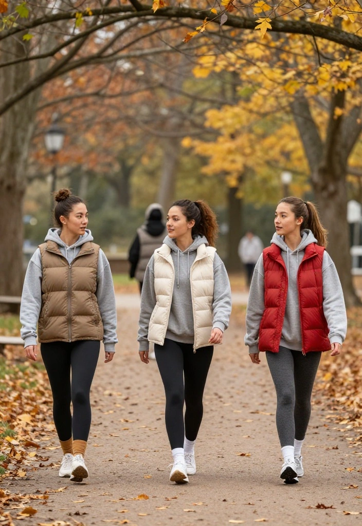 20 Casual Gym Outfit Ideas for Low-Key Training Days When You Just Want Comfort - 11. Puffer Vest over a Hoodie and Tights 1