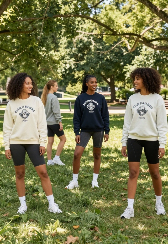 20 Casual Gym Outfit Ideas for Low-Key Training Days When You Just Want Comfort - 18. Printed Sweatshirt and Cycling Shorts 1