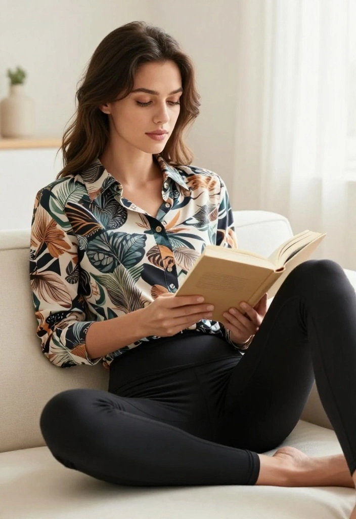 20 Casual Workout Outfits That Feel Like Loungewear But Perform Like Activewear - 20. Classic Black Leggings with a Stylish Print Shirt 1