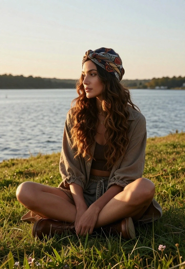 20 Easy Lake Hairstyles for a Totally Relaxing Weekend Getaway - 19. Boho Waves with a Turban 1