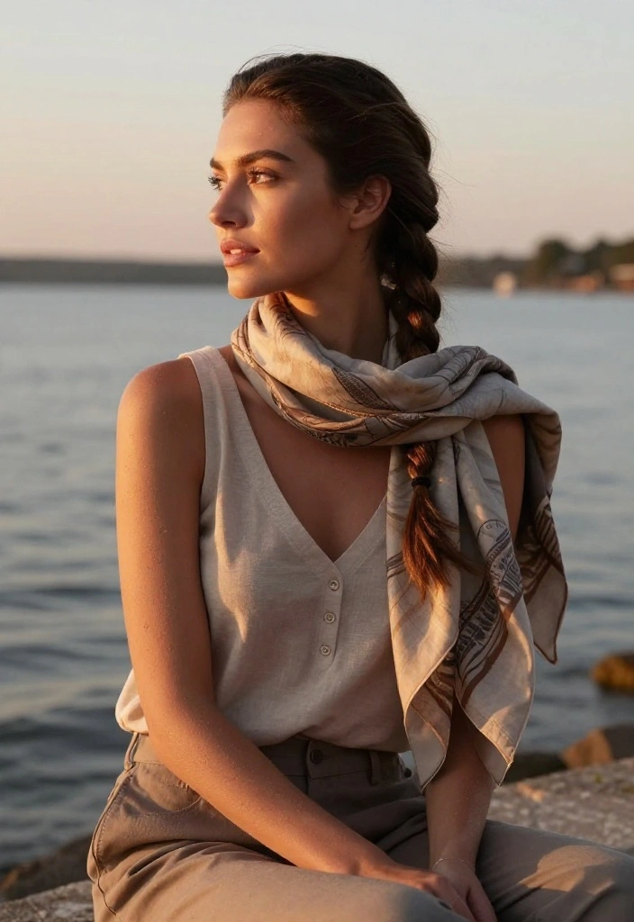 20 Easy Lake Hairstyles for a Totally Relaxing Weekend Getaway - 20. Easy Sleek Braid with a Casual Scarf 1