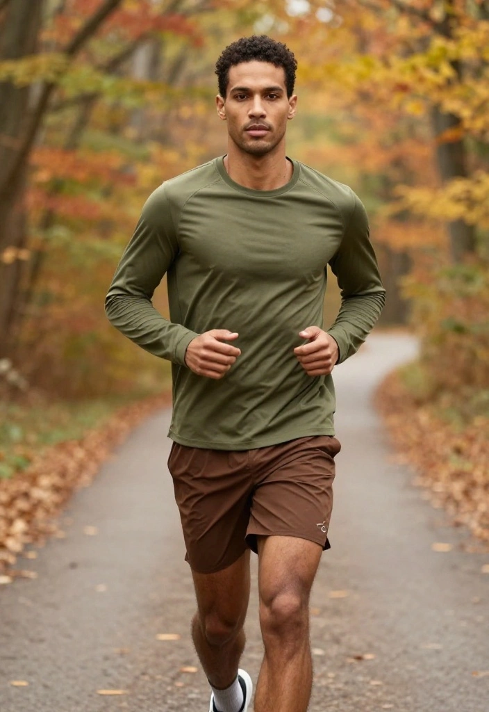 20 Fall Gym Outfit Ideas in Earthy Tones and Deep Seasonal Colors - 19. Olive Green Long Sleeve Tee with Brown Running Shorts 1