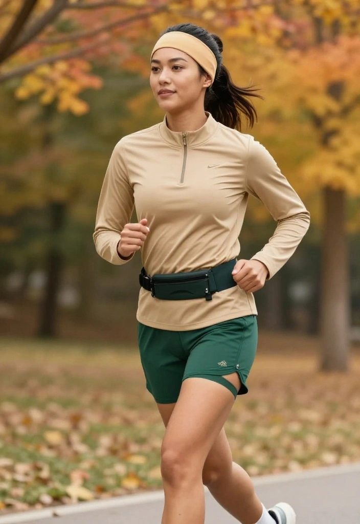 20 Fall Gym Outfit Ideas in Earthy Tones and Deep Seasonal Colors - 3. Tan Long Sleeve Top with Deep Green Shorts 1