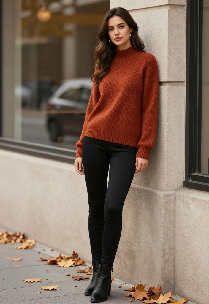 20 Fall Gym Outfit Ideas in Earthy Tones and Deep Seasonal Colors - 6. Rust Sweater with Black Leggings and Ankle Boots 1