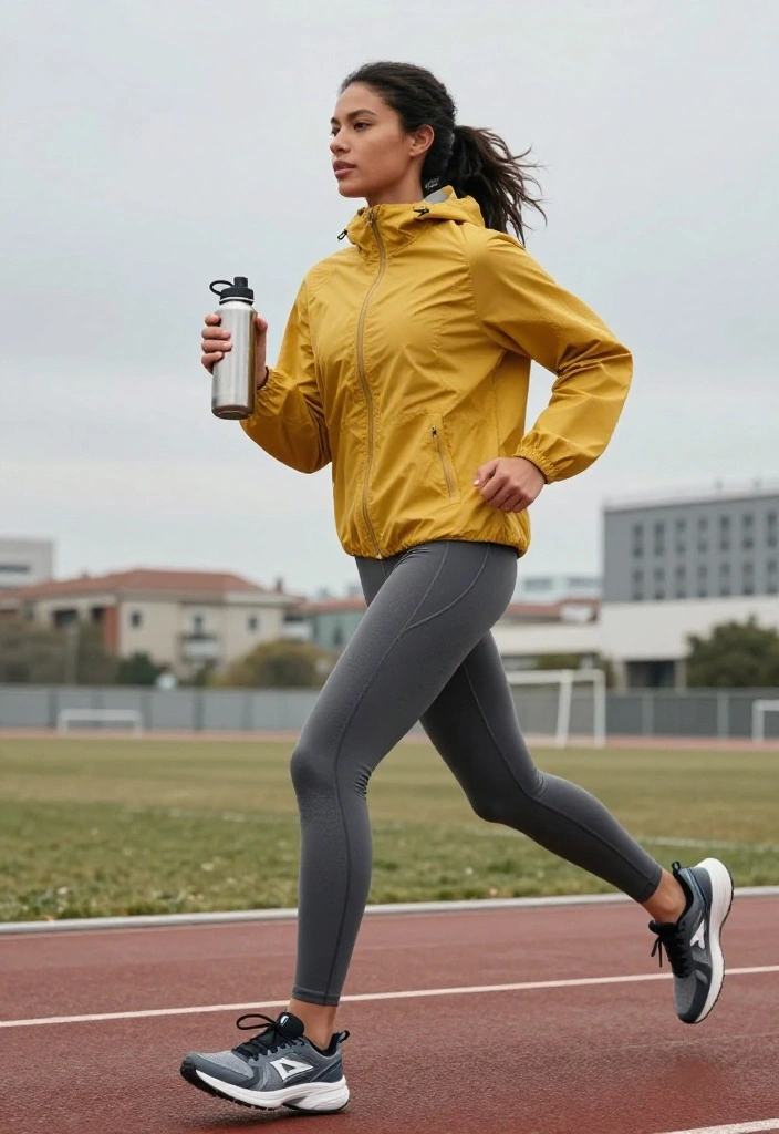 20 Fall Gym Outfit Ideas in Earthy Tones and Deep Seasonal Colors - 7. Mustard Yellow Windbreaker with Grey Leggings 1
