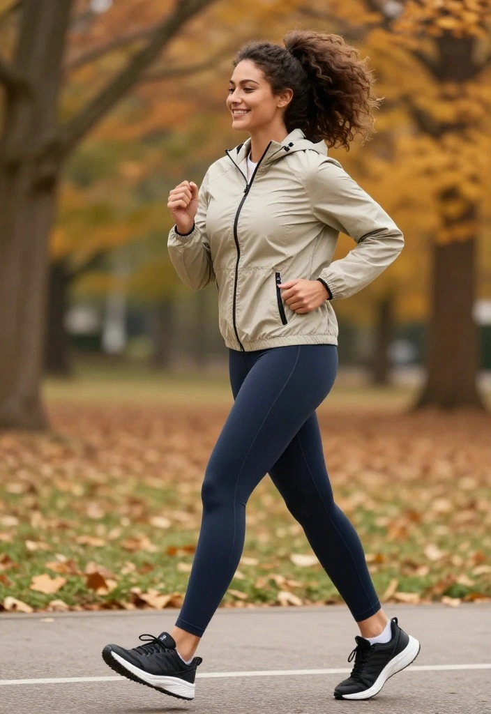 20 Fall Workout Outfits That Layer Perfectly for Cooler Weather Training - 11. Sporty Windbreaker with Body-hugging Leggings 1