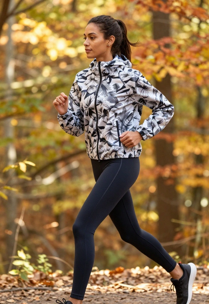 20 Fall Workout Outfits That Transition Easily From Cold Mornings to Warm Afternoons - 18. Printed Windbreaker over Classic Leggings 1