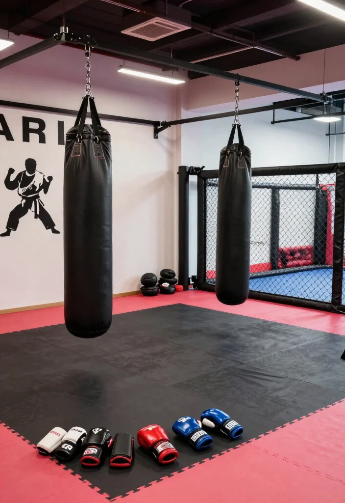 20 Garage Gym Setup Ideas Organized by Workout Style: Strength, Cardio, and CrossFit - 17. Mixed Martial Arts (MMA) Training Zone 1