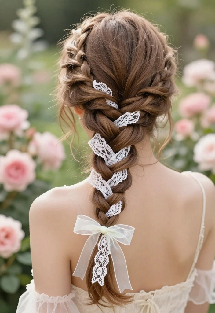 20 Gorgeous Braided Hairstyles with Ribbon Beautifully Woven In - 11. Dutch Lace Braid with Sheer Ribbons 1
